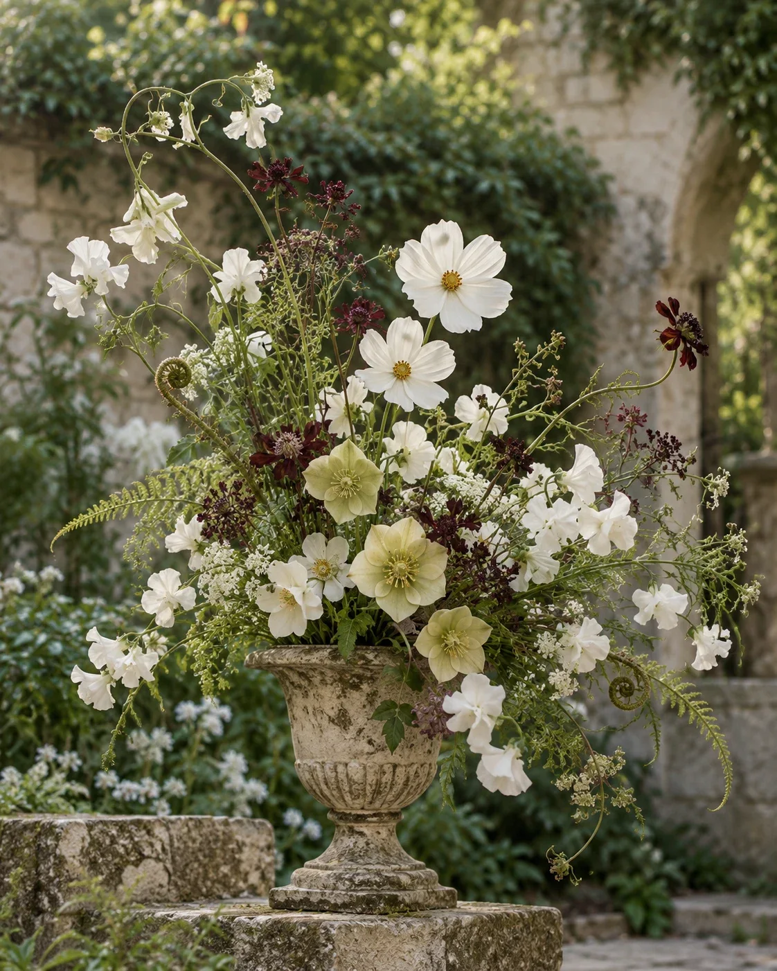 Imagined garden arrangement of hellebores, cosmos and fern fronds